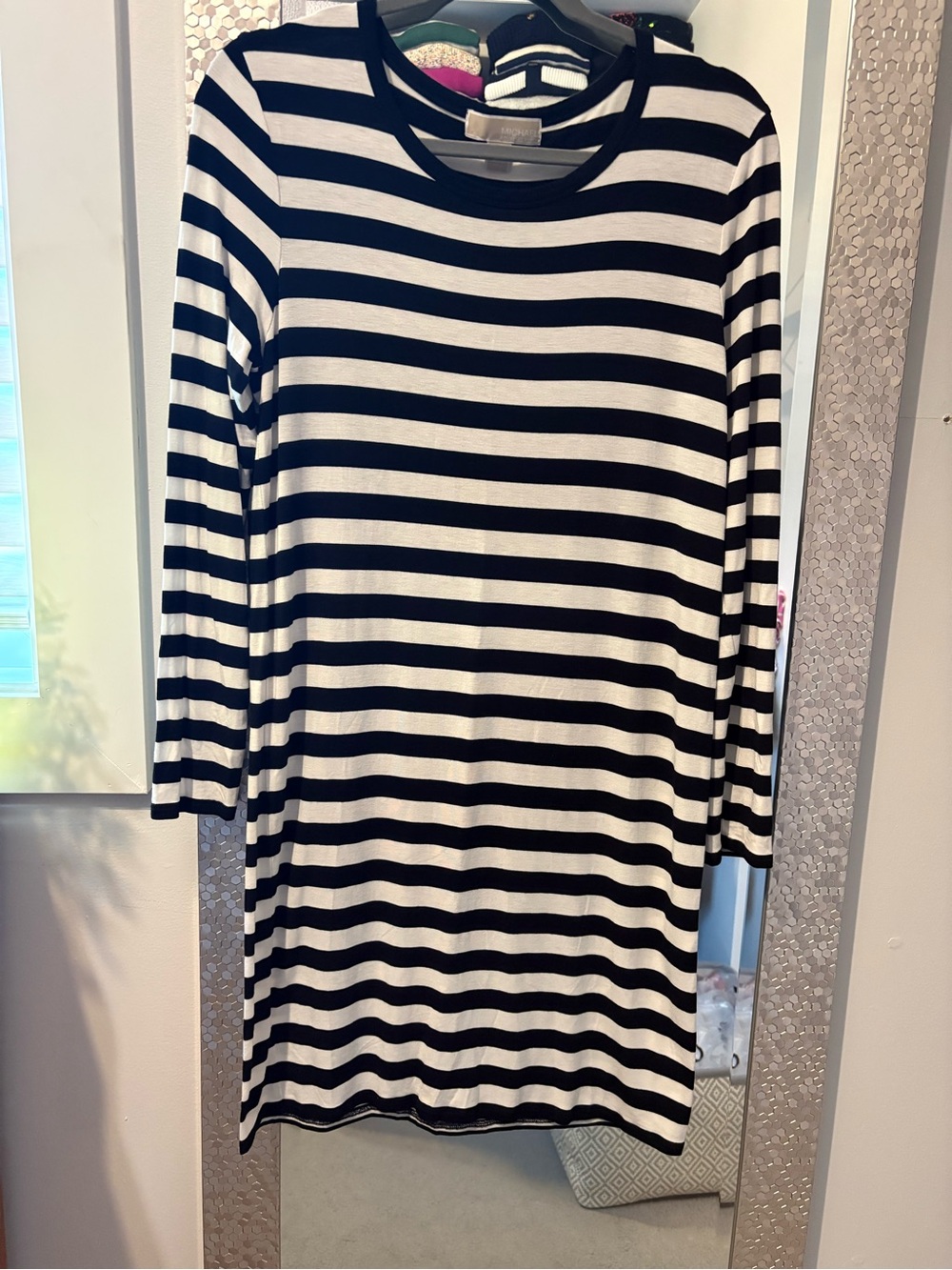Michael Kors Black & White Striped Long Sleeve Dress
